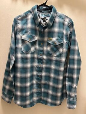 DIXXON Woman’s Teal and White Plaid Button-Down Flannel